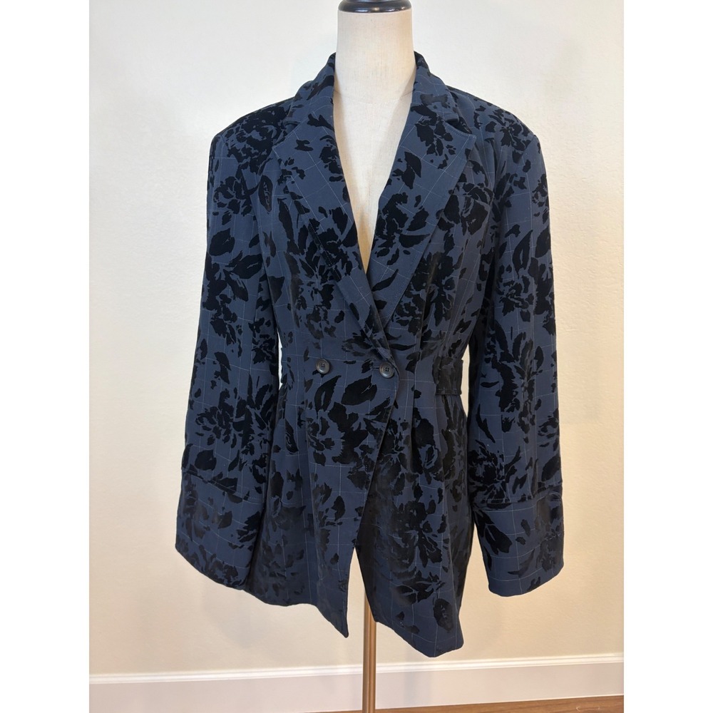 Anthropologie Blazer Women M Navy Velvet Floral Plaid Menswear Jacket Whimsigoth